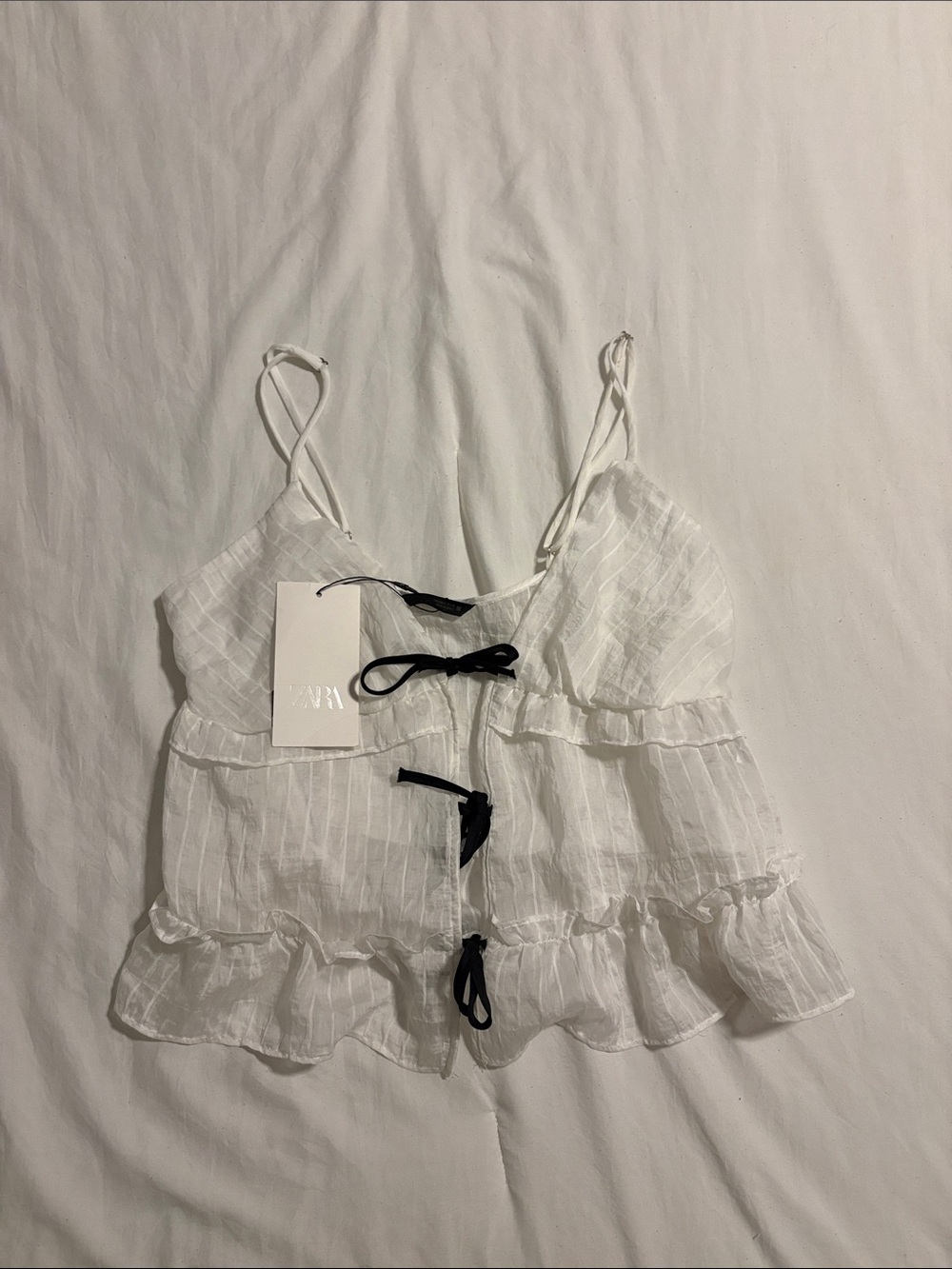 Zara White Ruffle Cami with Black Tie Accents